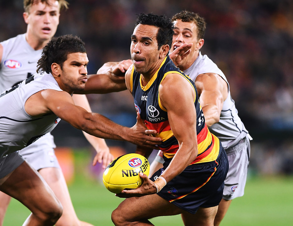 AFL 2018 Round 07 - Adelaide v Carlton ADELAIDE, AUSTRALIA - MAY 05: Eddie Betts of the Adelaide Crows under pressure from Sam Petrevski-Seton of the Blues during the round seven AFL match between the Adelaide Crows and the Carlton Blues at Adelaide Oval on May 5, 2018 in Adelaide, Australia. (Photo by Mark Brake/Getty Images/AFL Media)